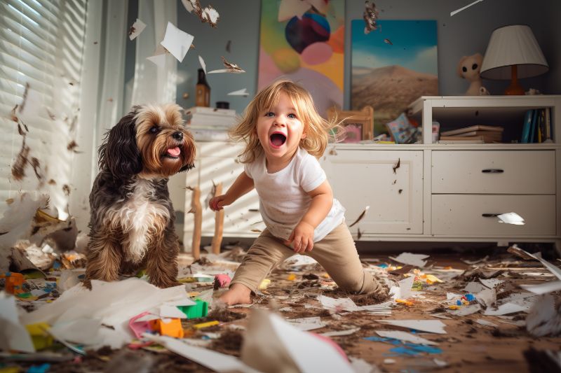 Shih tzu and kid in a messy room