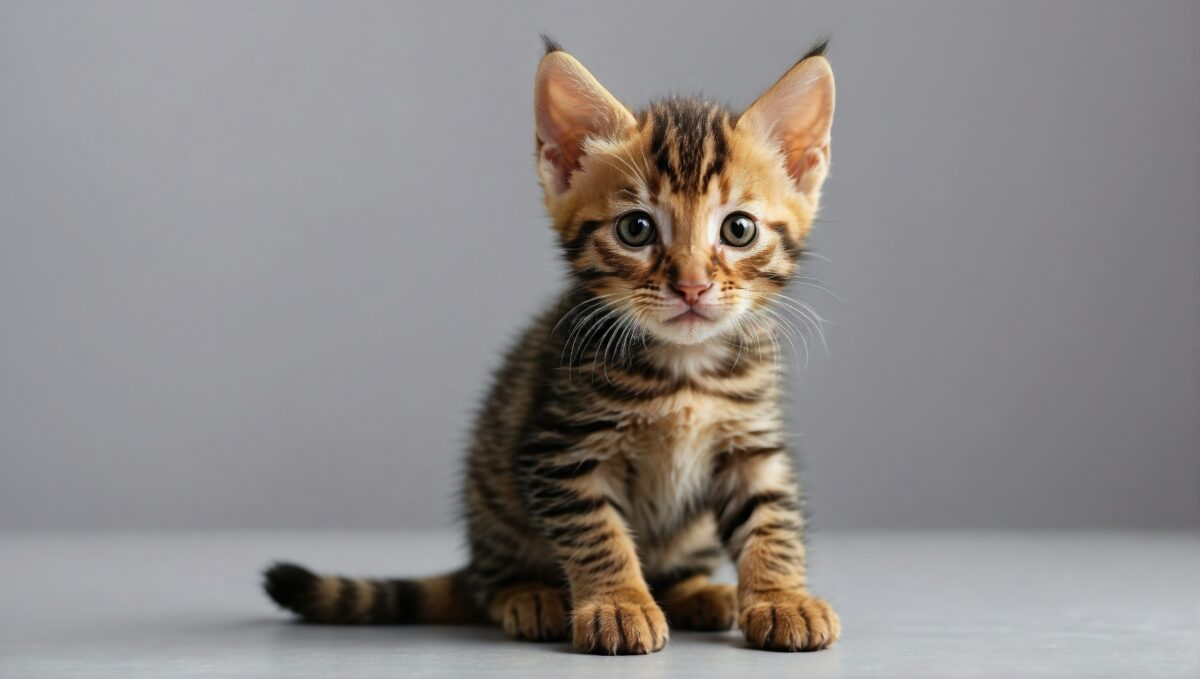 A young Toyger kitten with mesmerizing green eyes and distinct stripes, attentively sitting on a grey surface.