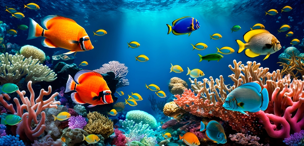 Tropical sea underwater fishes on coral reef