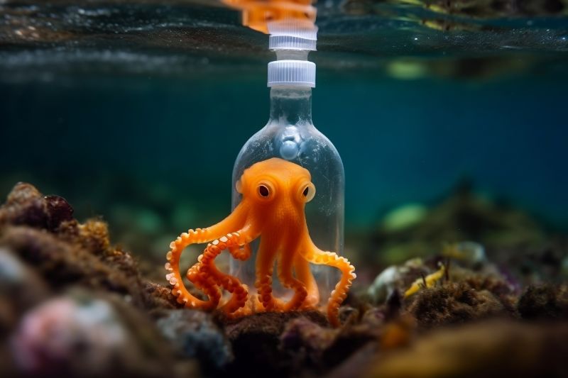 Small orange octopus next to a plastic bottle