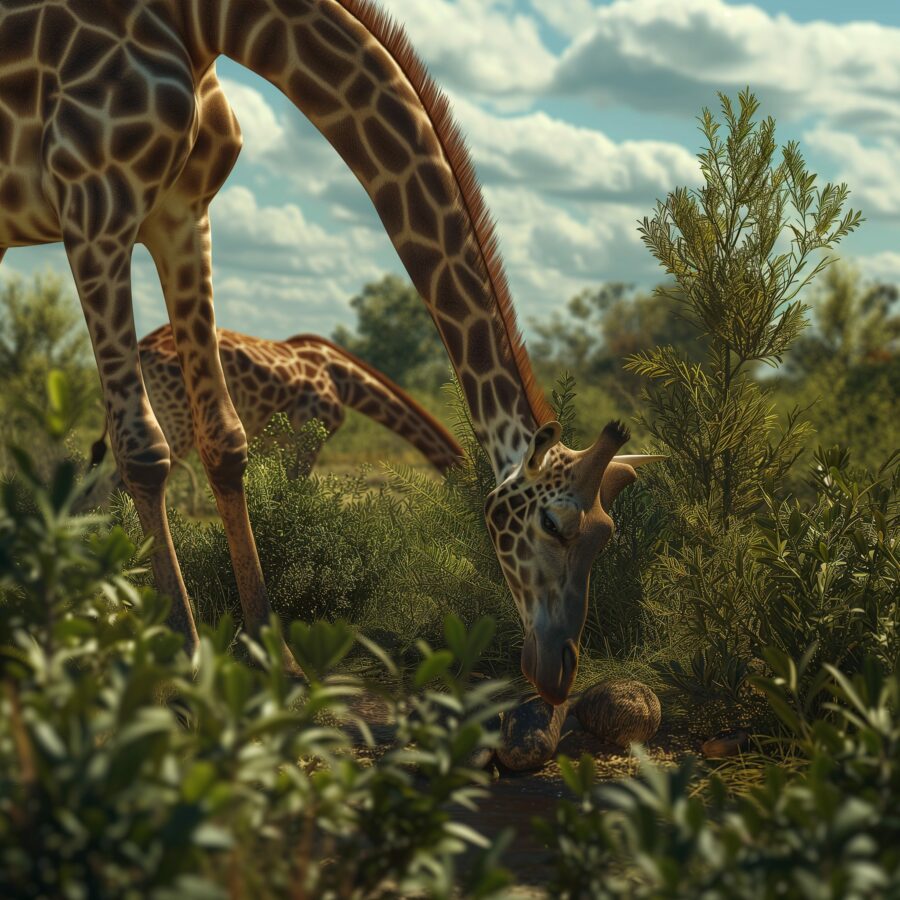 Two Giraffes Eating Leaves on the Ground