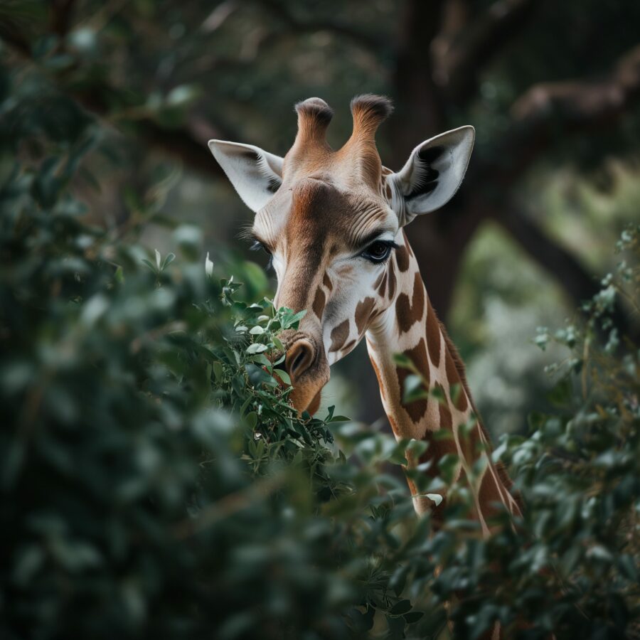 Closeup of a Giraffe Eating Tree Leaves