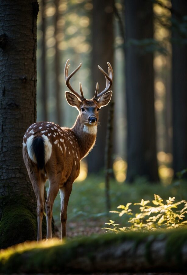 A serene deer stands in a forest clearing, surrounded by tall trees and dappled sunlight
