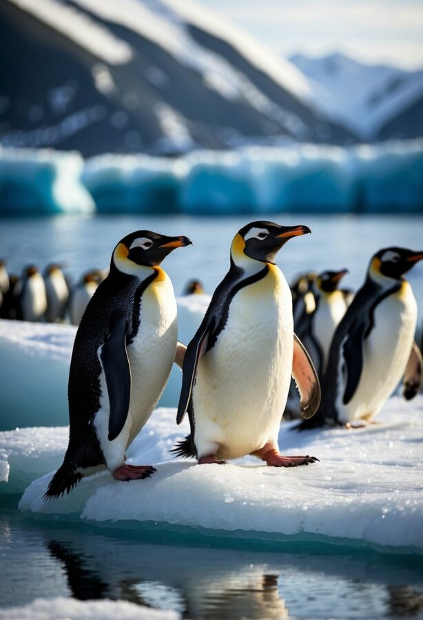 Playful penguins slide on icy terrain, flapping wings and waddling in a group. Snowy mountains and icebergs in the background
