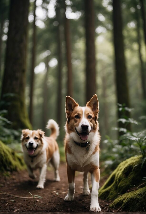 Loyal dogs hike through lush forest, tails wagging, ears perked