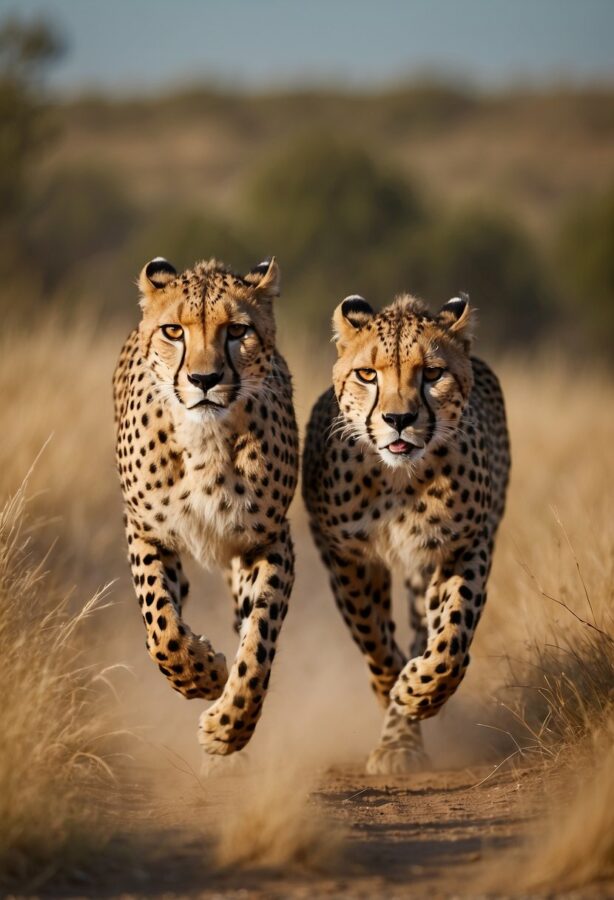 Two cheetahs sprinting across the open savannah, their sleek bodies moving with effortless grace, as they hunt for their next meal