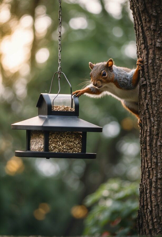 A squirrel steals birdseed from a backyard feeder, while another one chases a cat up a tree