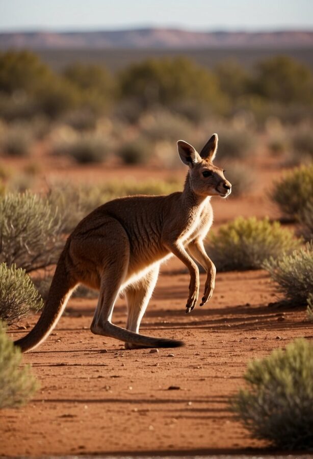 Kangaroos hop across the vast Outback, their powerful hind legs propelling them through the arid landscape. The sun beats down on their fur as they bound gracefully across the red earth