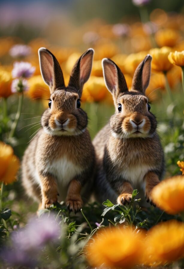 Energetic rabbits hop through vibrant flower fields