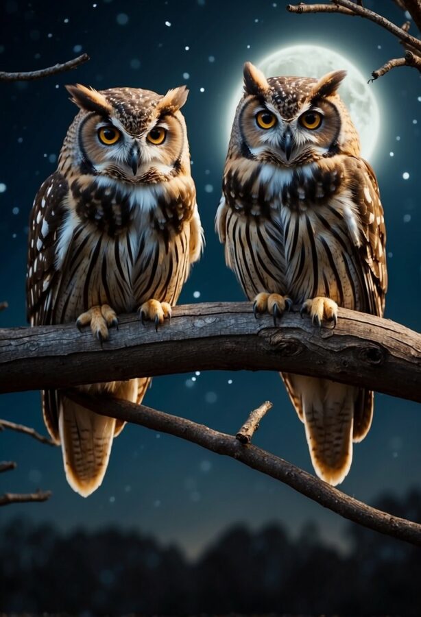 Two owls perch on a branch under a full moon, their eyes drooping in the moonlit night