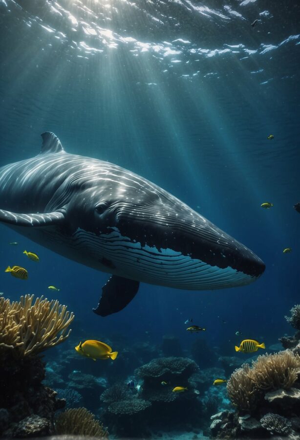 Gentle whales swim gracefully in the deep ocean, surrounded by other marine animals
