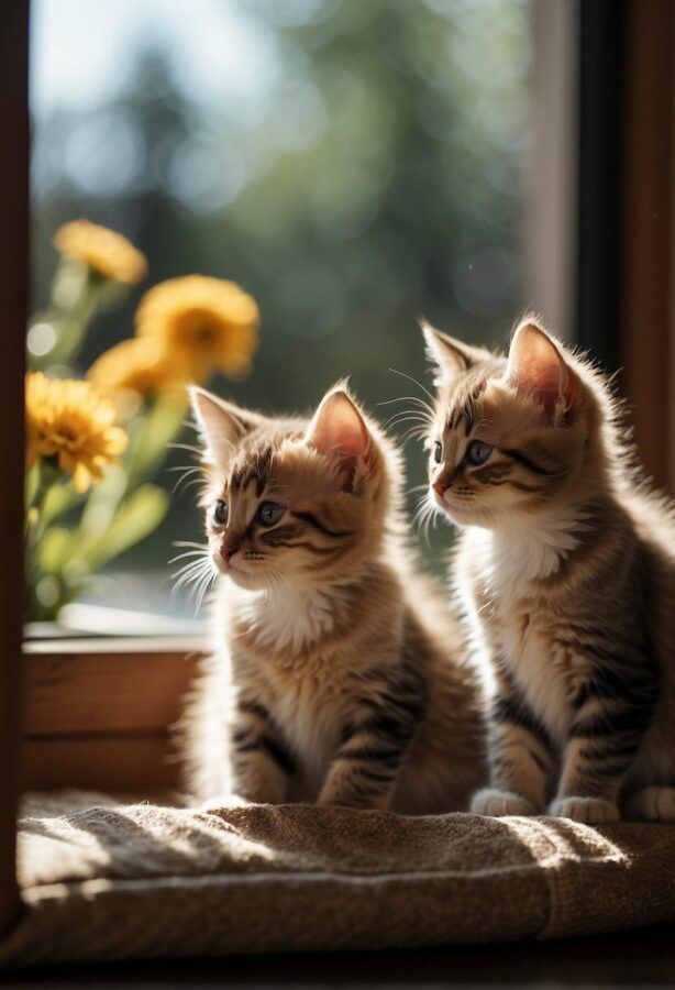 Three kittens bask in sunlight by a window, curled up in cozy poses