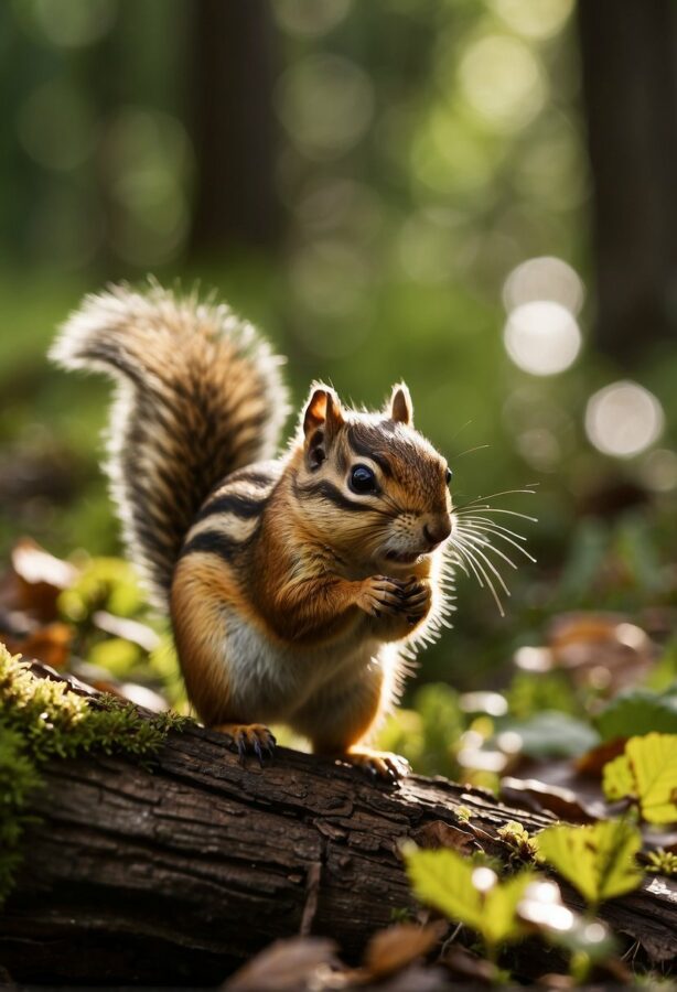 Chipmunks scamper, gathering acorns in a lush forest clearing. Sunlight filters through the trees, casting dappled shadows on the ground