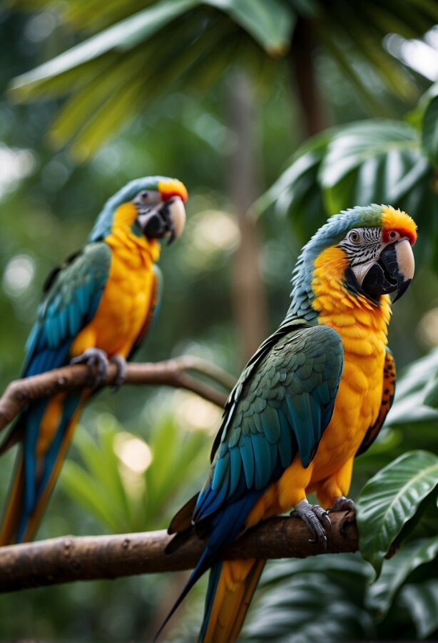 Colorful parrots perch on lush tropical trees, chirping happily