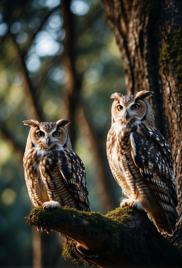 Wise owls perched on ancient trees in a mystical forest. Other animals watch from the shadows