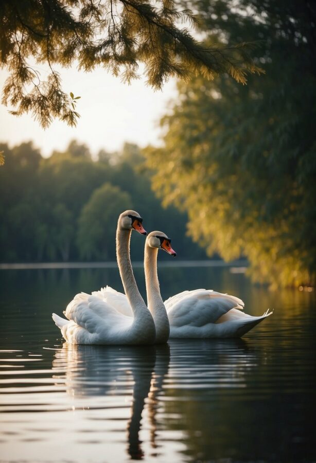 Graceful swans glide on calm lake, surrounded by serene nature