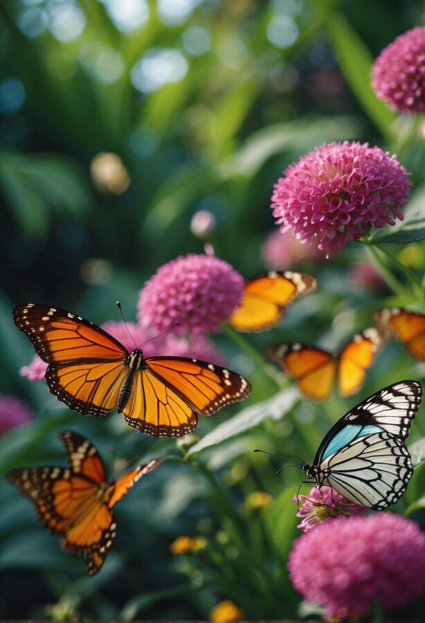 Colorful butterflies flutter among vibrant flowers in a lush garden, with whimsical animals peeking out from behind the foliage