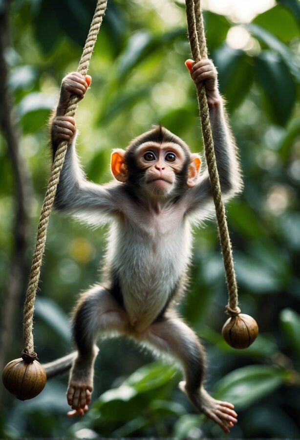 Mischievous monkeys swing from vines, playfully tossing fruit and chattering loudly in the lush jungle