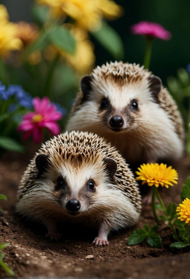 Inquisitive hedgehogs explore evening gardens, surrounded by vibrant flowers and twinkling fireflies