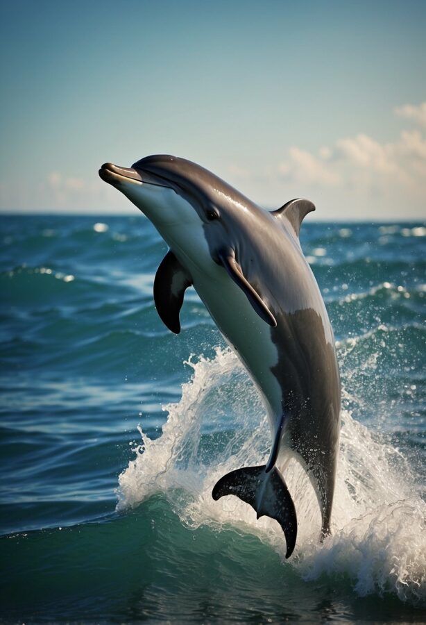 Dolphins leap joyfully in the ocean waves
