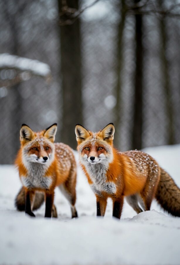 Curious foxes playfully frolic in the freshly fallen snow, their bright eyes and bushy tails standing out against the white landscape