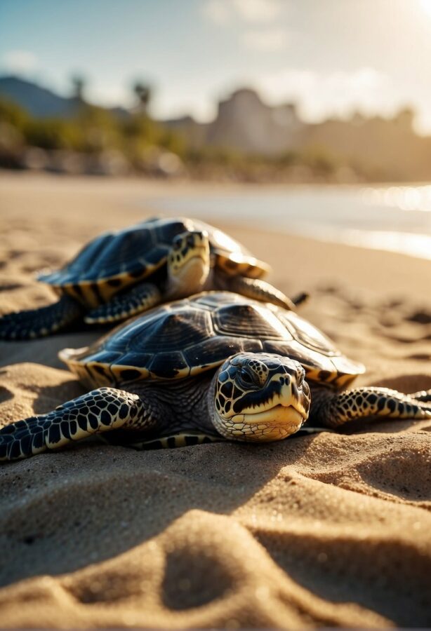 Turtles bask on sandy shore under bright sun