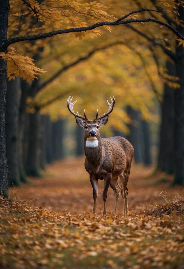 A serene deer stands among vibrant autumn trees in a peaceful forest clearing
