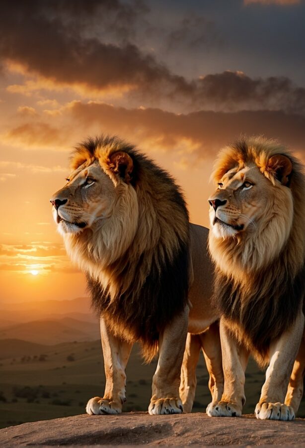Majestic lions stand proudly against a vibrant sunset backdrop. Their powerful forms are silhouetted against the warm, glowing sky