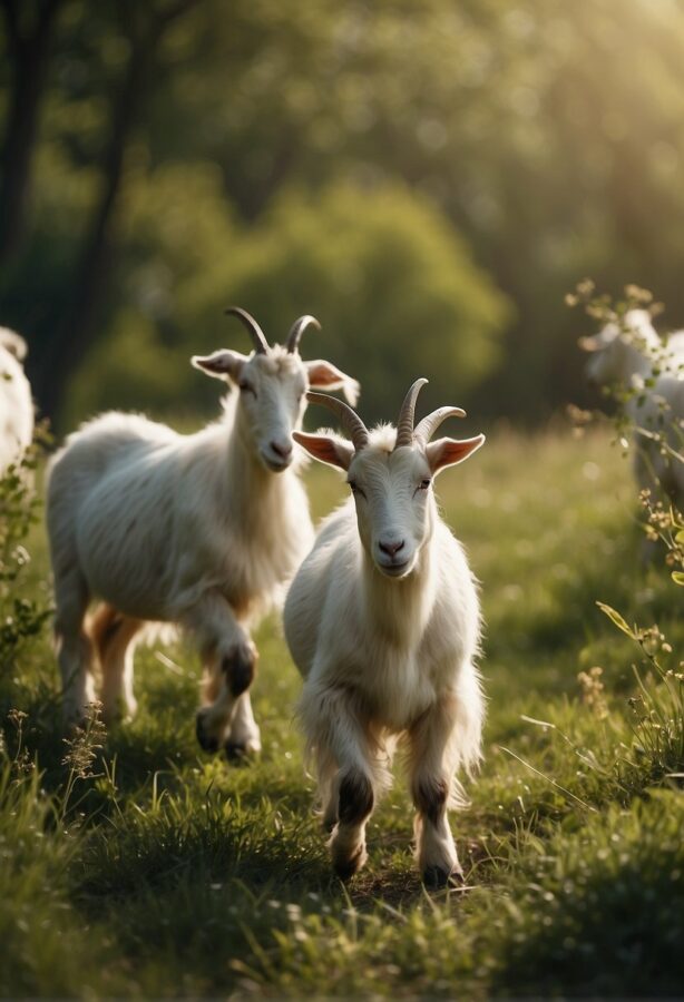 Goats play in lush meadows, leaping and grazing