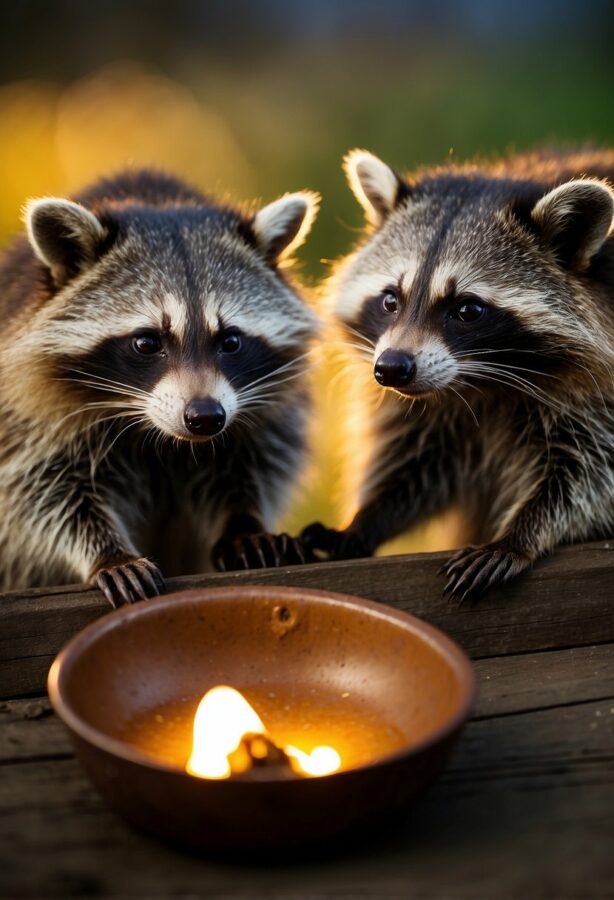 Two raccoons sniffing around in the dim light of dusk, their masked faces illuminated by the fading sun