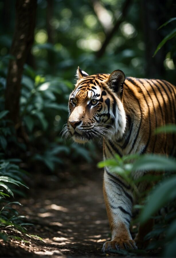 Majestic tigers roam through dense jungle foliage, their sleek bodies blending seamlessly with the vibrant greenery. Sunlight filters through the canopy, casting dappled shadows on their powerful forms