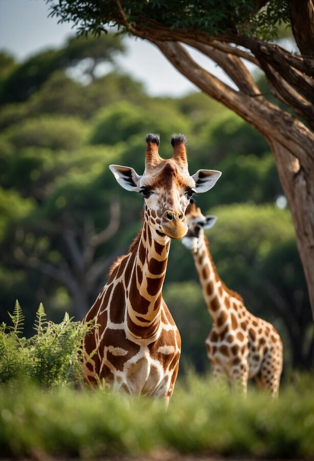 Giraffes peacefully grazing in a lush savanna, surrounded by other serene animals