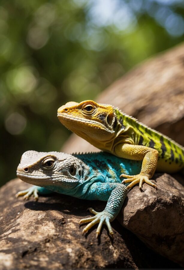 Exotic lizards bask in the sun, their colorful scales glistening in the warm light as they lounge on rocks and tree branches