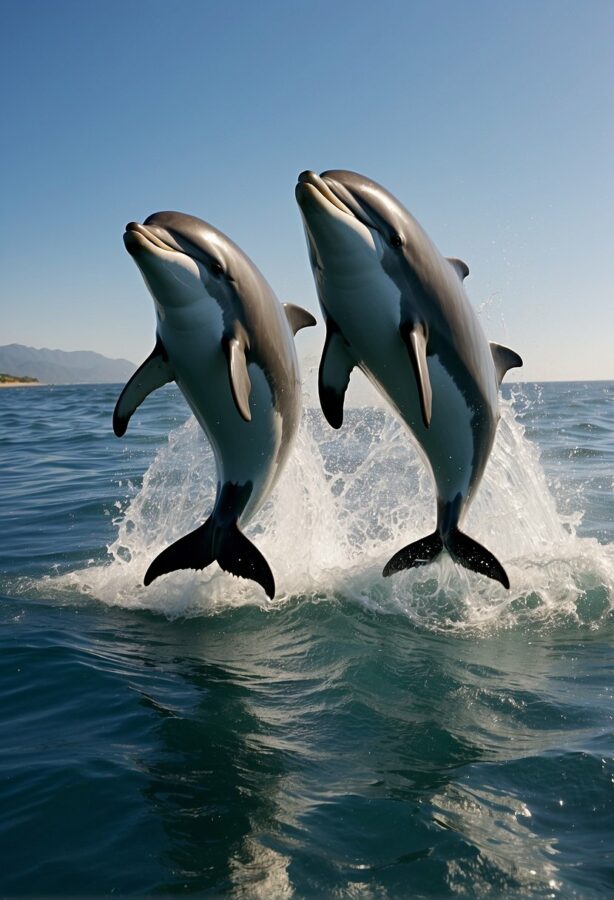 Graceful dolphins leap and twirl in the sparkling ocean, their sleek bodies cutting through the water with effortless elegance