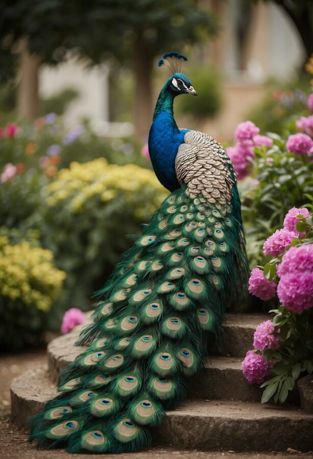 Regal peacocks display their feathers in a vibrant garden setting