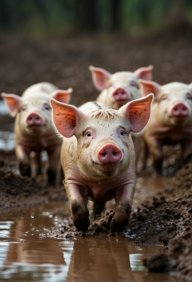 Smiling pigs happily wallow in muddy puddles, splashing and rolling in the thick, brown mud