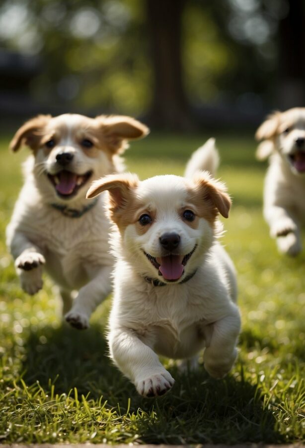 Several puppies frolic in a sunny park, chasing each other and rolling in the grass. They playfully interact with one another, their tails wagging and tongues lolling