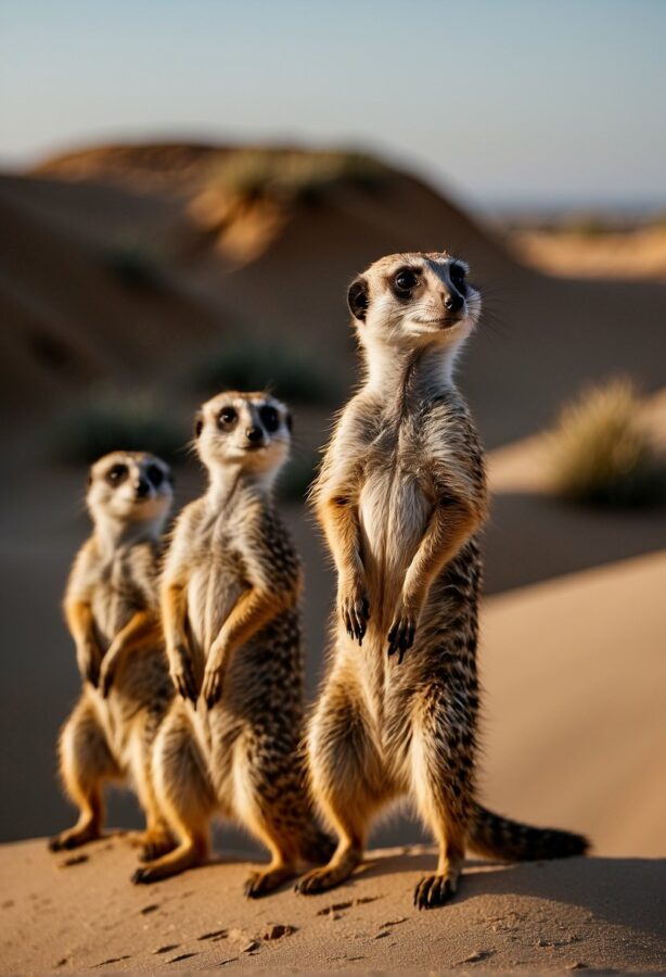 Alert meerkats stand on hind legs, scanning horizon for danger. Sand dunes and sparse vegetation in background