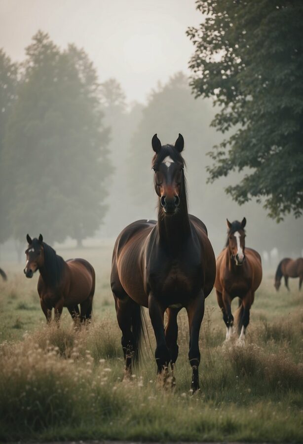 Elegant horses graze in a misty morning meadow. Dew glistens on their sleek coats as they move gracefully through the fog