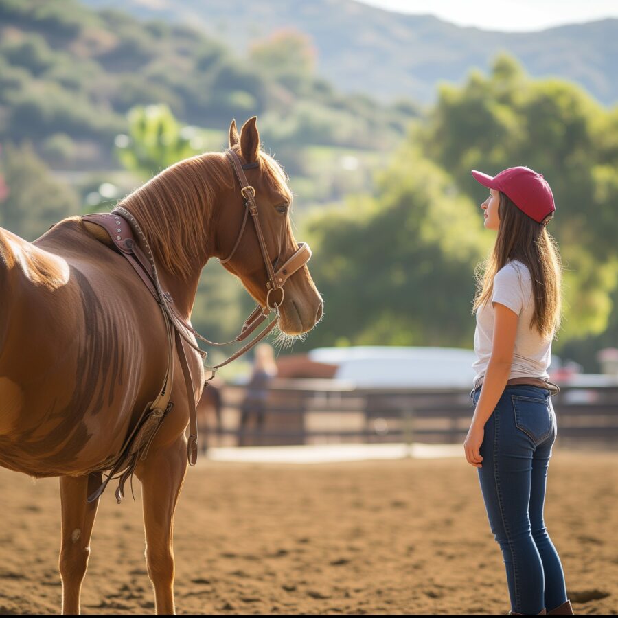 Outdoor horse training session with positive reinforcement, showcasing effective techniques.