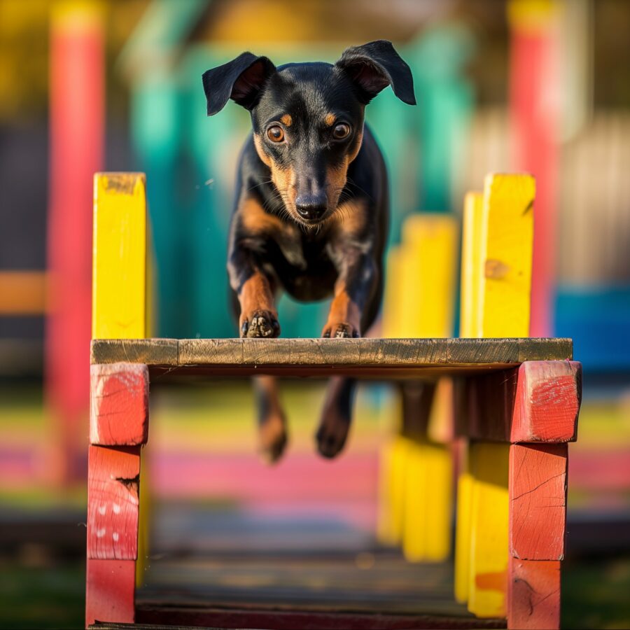 Manchester Terrier performing on an agility course.