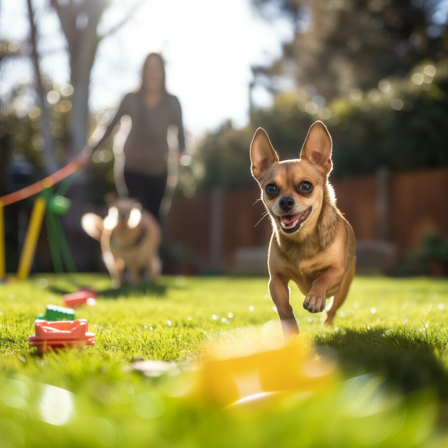 Chihuahua Terrier mix in a training session with agility equipment in a sunny backyard.
