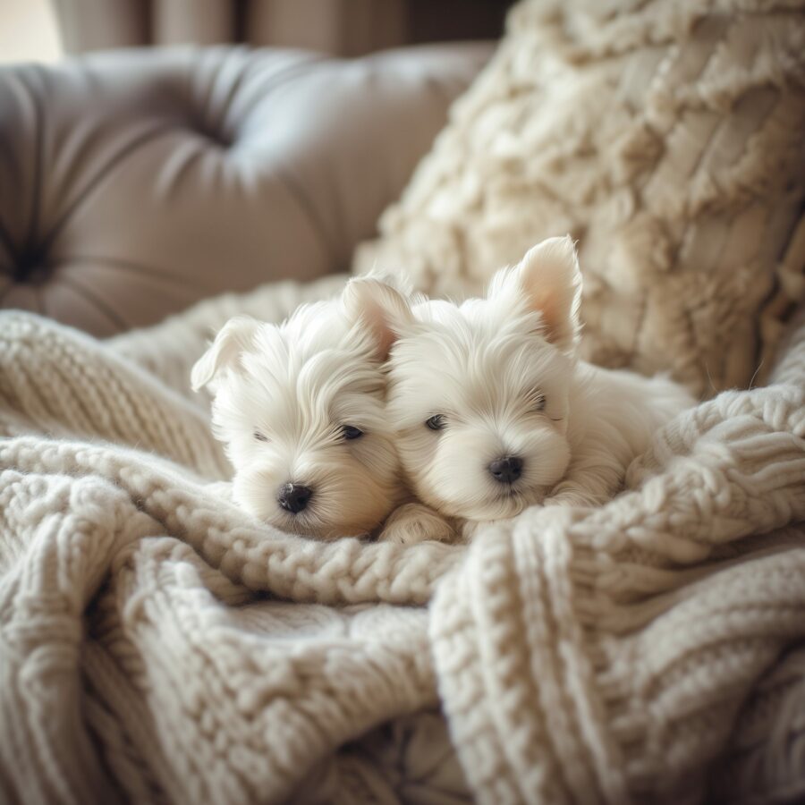 Westie puppies cuddling on a plush blanket in a cozy living room