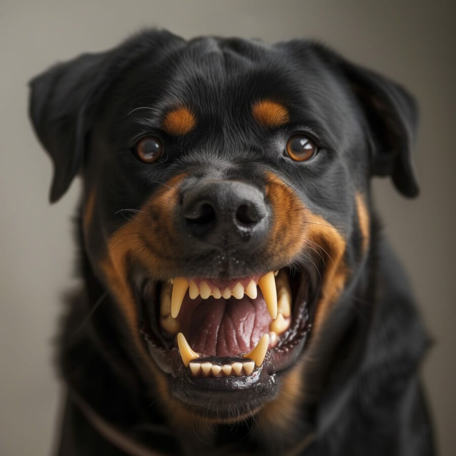 Rottweiler showing signs of aggression with detailed facial expressions.
