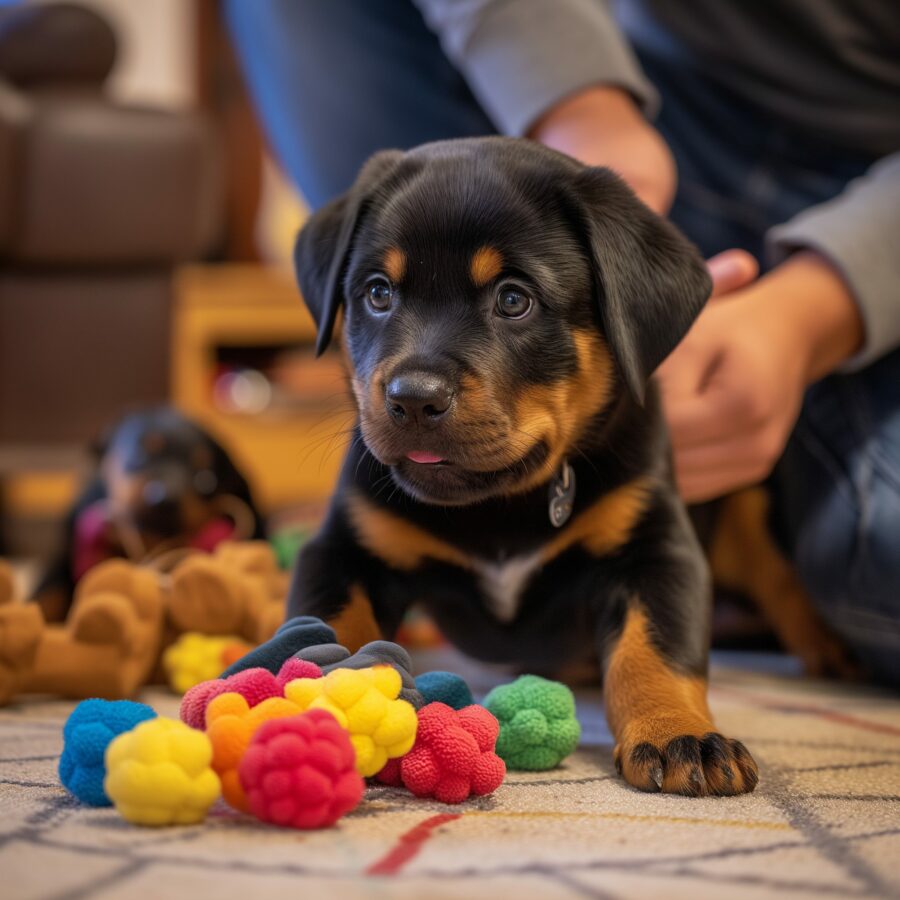 Rottweiler puppy learning commands at home with toys and owner's guidance.