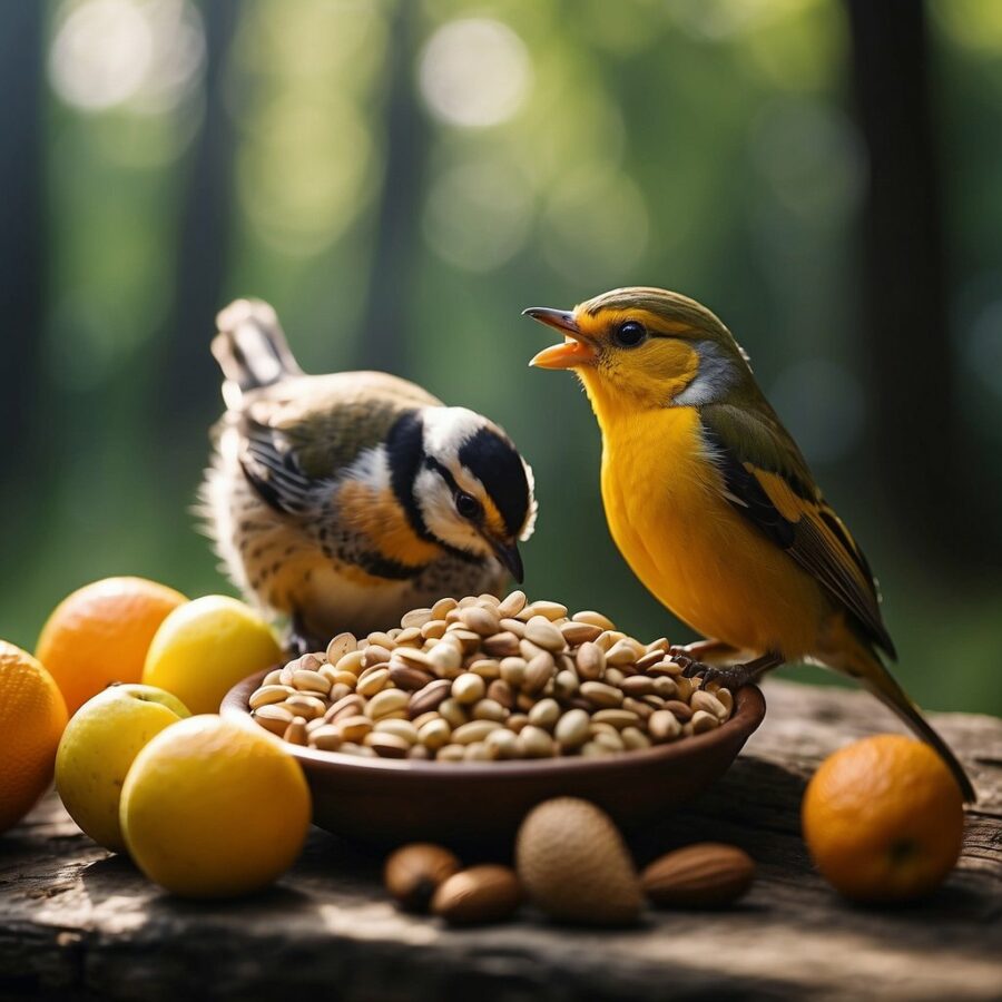 Colorful birds eating seeds with citrus fruit in nature.