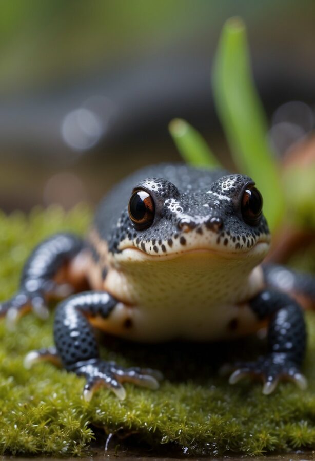Close-up of a spotted frog in its natural habitat.