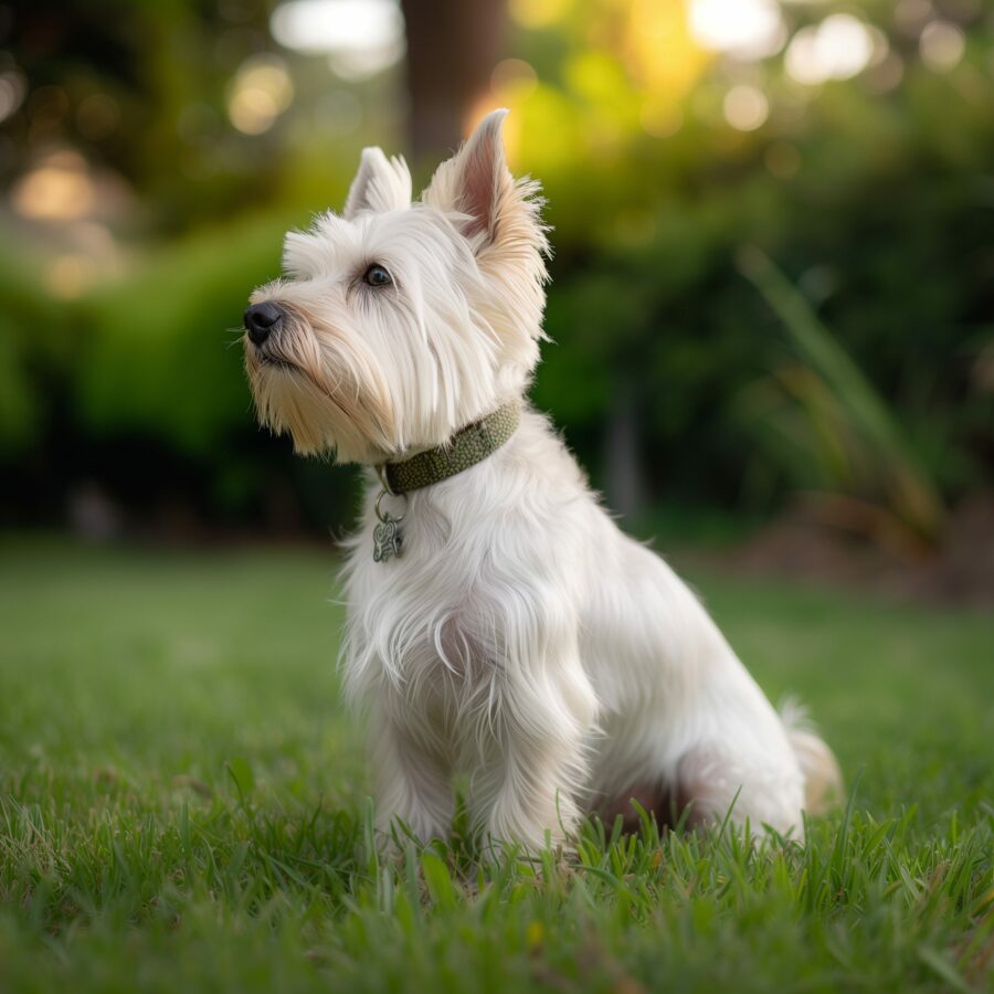 Protective Westie on alert in a vibrant backyard.