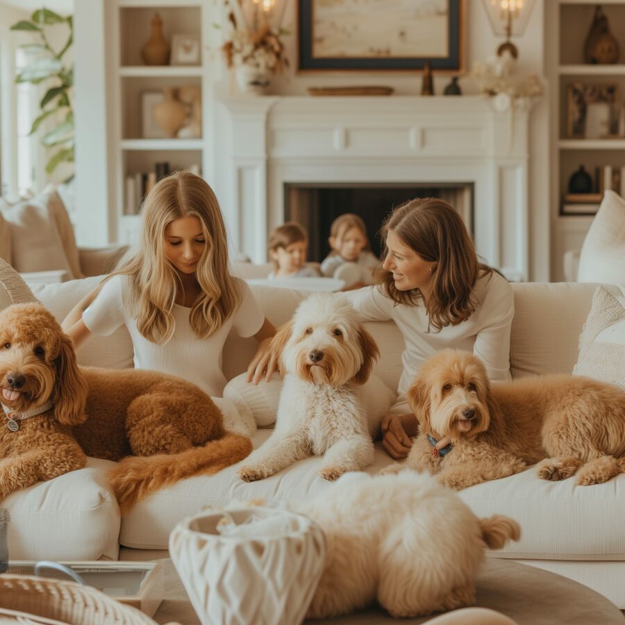 Family considering Labradoodle options in a cozy living room.