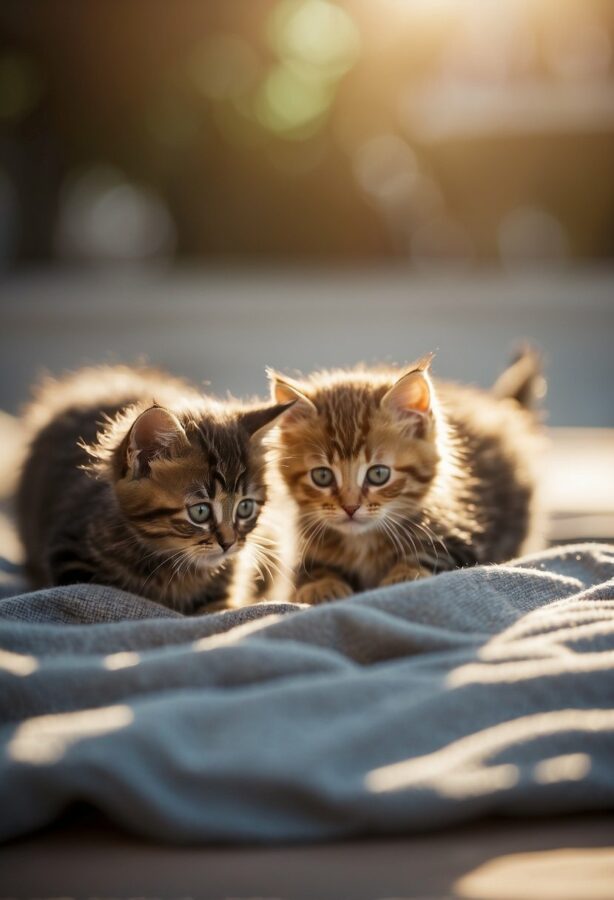 Two kittens basking in sunlight on a cozy blanket.